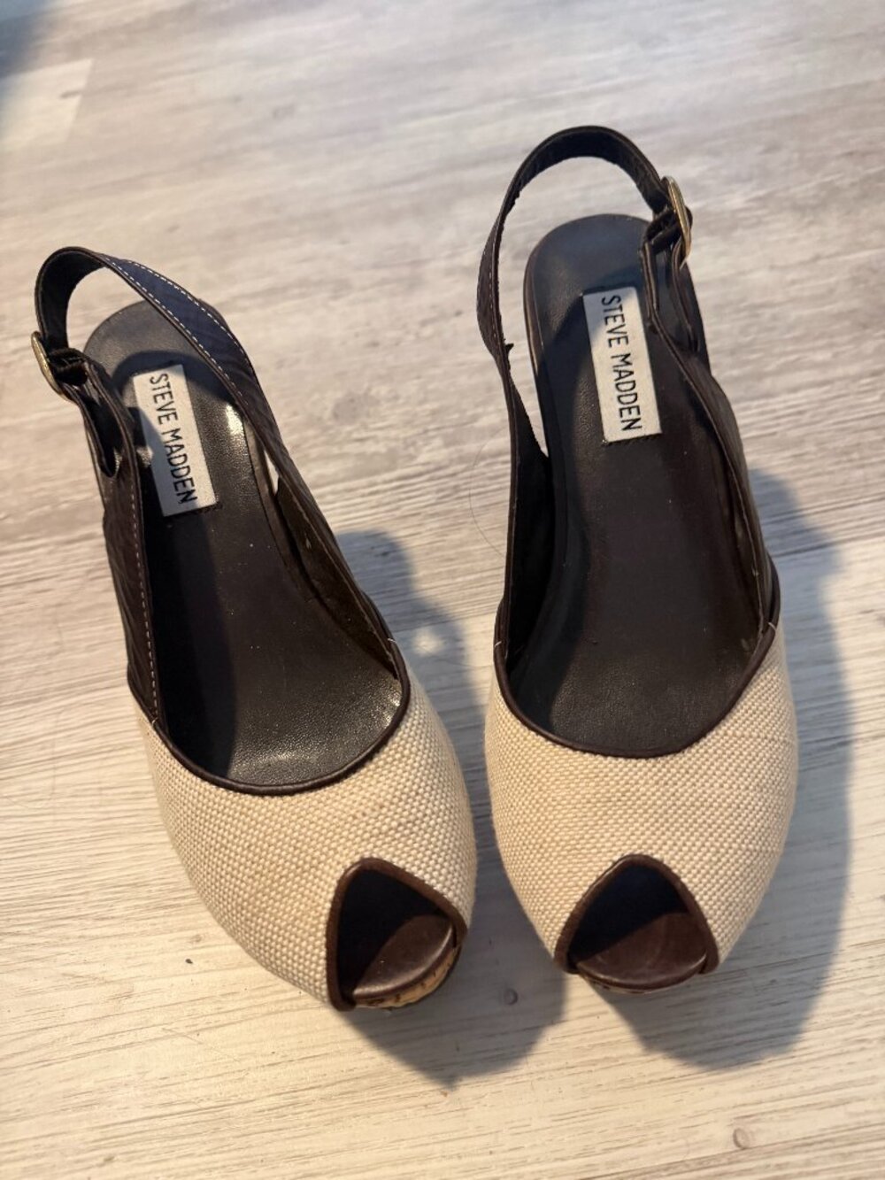 Vintage Steve Madden Canvas & Cork Slingback Peep-Toe Wedges